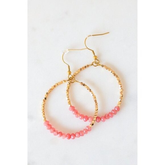Red Jade Pink Sparkly Gold Beaded Earring Gemstone dangle hoops vacation jewelry - Picture 8 of 10